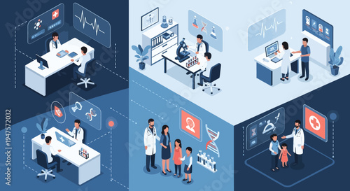 Modern Isometric Healthcare Illustration Set: Medical Consultations, Laboratory Research, Family Medicine, and Futuristic Digital Health Technology with Doctors and Patients