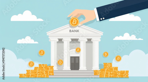 vector illlustartion of a hand puts bitcoin into bank