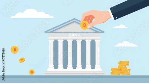 vector illlustartion of a hand puts bitcoin into bank