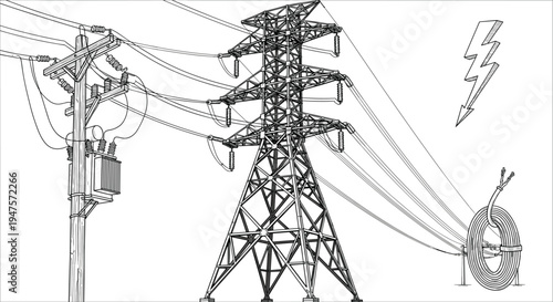Detailed line drawing of electrical transmission tower, utility pole, and equipment electricity power lines