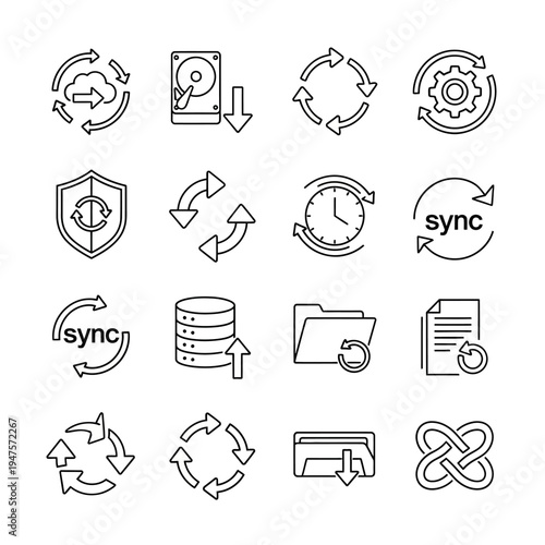 Black icons of data transfer and sync.