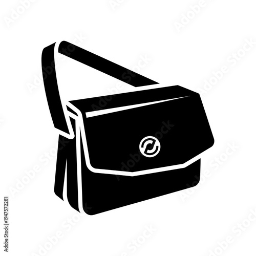 Black leather messenger bag with logo.