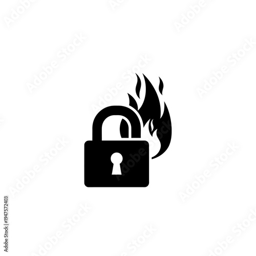 Burning locked padlock with flames rising.