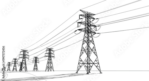 Electrical Power Transmission Towers and Cables Vector Line Art electricity pylons