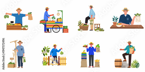 Flat vector illustrations of male farmers and vendors selling fresh organic fruits including soursop at local markets and farm stalls.