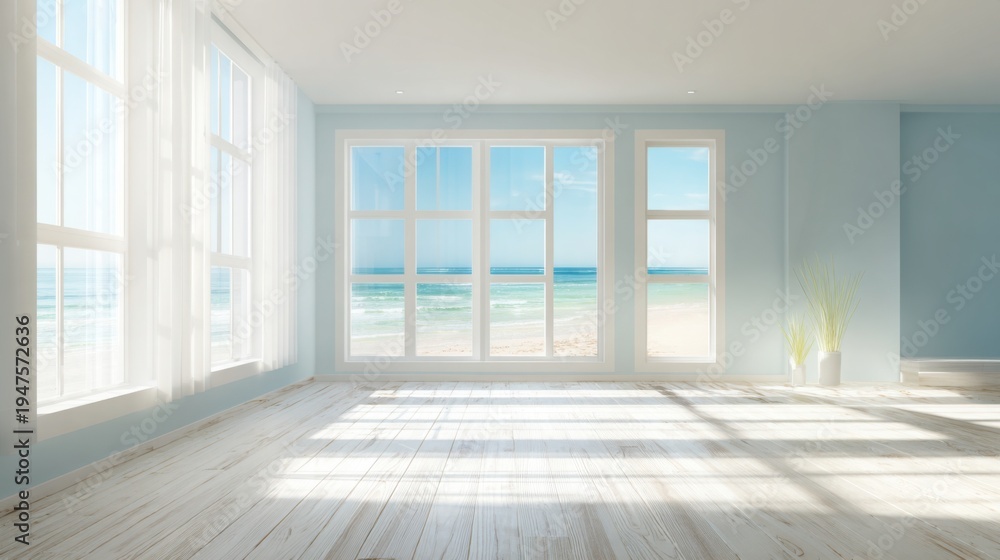 Fototapeta premium empty living room with light coastal blue walls, soft white floor, large windows with sunlit reflections, summer beach inspired vibe, hyper realistic