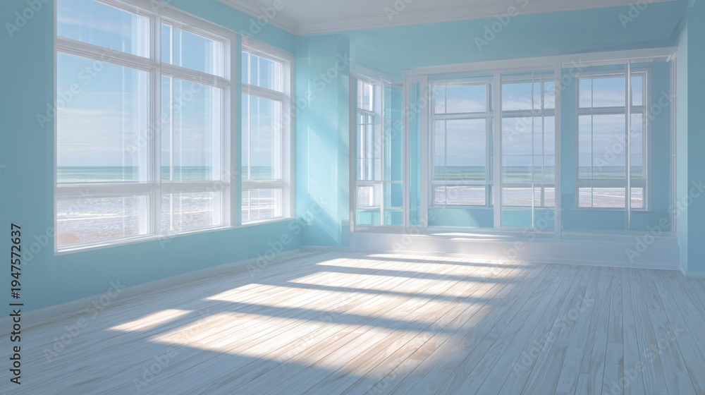 Fototapeta premium empty living room with light coastal blue walls, soft white floor, large windows with sunlit reflections, summer beach inspired vibe, hyper realistic