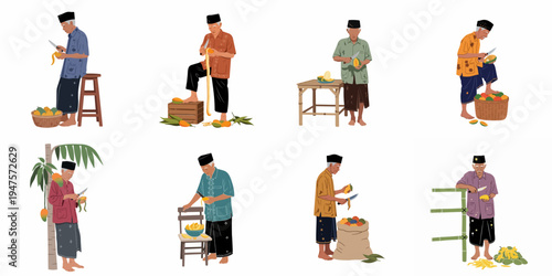 Set of illustrations depicting an elderly Southeast Asian man in traditional attire peeling fresh mangoes in various rural settings.