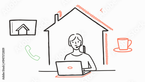 Freelancer working remotely from home with laptop and phone in a modern flat vector illustration