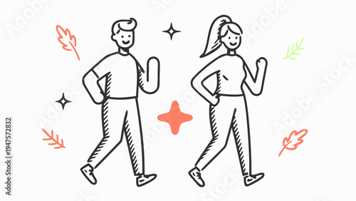 Man and woman exercising together in a lively colorful illustration with leaves and stars