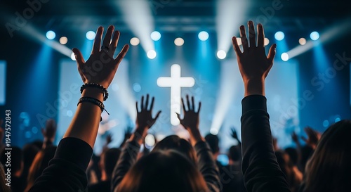 Easter sunday celebration with raised hands and cross worship