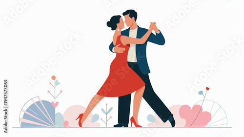 Couple dancing tango in elegant attire with flowers and heart decorations around them