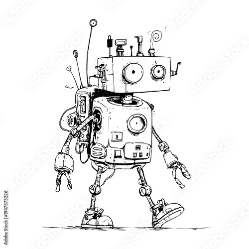 Whimsical hand drawn cartoon robot character with a retro futuristic design featuring exposed gears wires and antennas walking forward with a friendly slightly clumsy gait