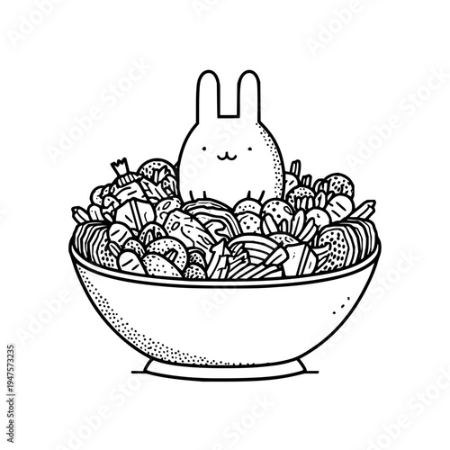 Whimsical hand drawn black and white illustration of a cute smiling cartoon bunny character peeking out from a large overflowing bowl filled with a variety of delicious looking