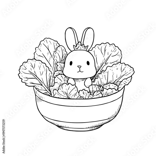 Charming hand drawn line art illustration of a cute cartoon bunny with a tiny crown peeking out from a generous bowl overflowing with fresh crisp lettuce leaves conveying