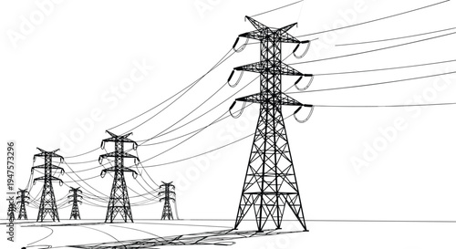 Power line towers and cables stretching across a landscape Keywords: power lines, electricity, transmission, towers, pylons