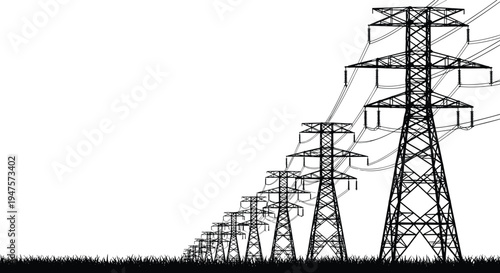 Row of Electrical Power Transmission Towers Silhouetted on White Background power lines electricity