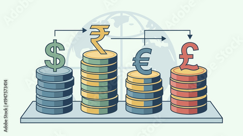Stacks of coins with dollar, euro, pound, and rupee symbols, representing global finance, currency exchange, economic growth, international trade