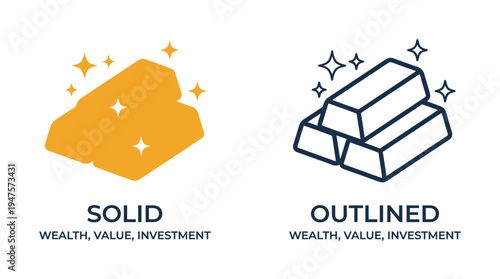 Solid and outlined gold bar icons with sparkles, symbolizing wealth, value, investment, prosperity, financial growth, success, economic progress