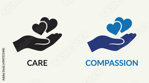 Hand holding hearts icons labeled care and compassion, symbolizing empathy, support, kindness, humanity, emotional connection, love, generosity