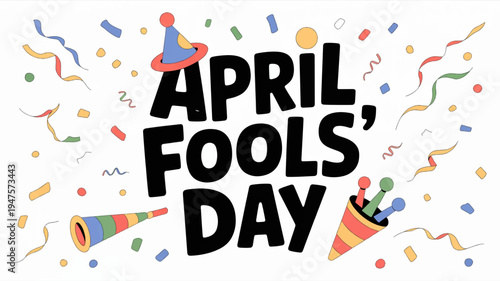 April fools' day celebration with colorful confetti and party horns on white background