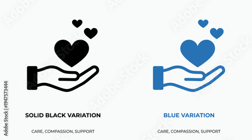 Hand holding heart with floating hearts above, shown in solid black and blue variations, symbolizing care, compassion, support, empathy