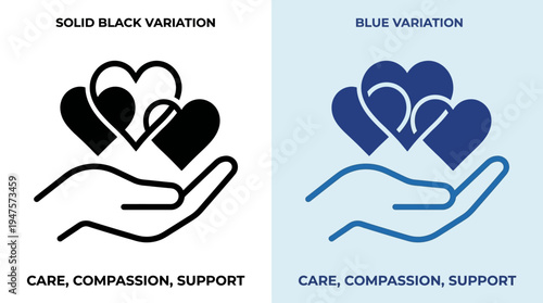 Hand holding hearts in solid black and blue variations, symbolizing care, compassion, support, empathy, kindness, humanity, emotional connection