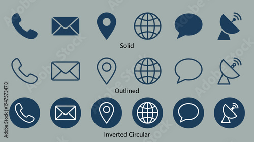 Communication and location icons in solid, outlined, and inverted circular styles, representing phone, email, chat, internet, broadcast, navigation