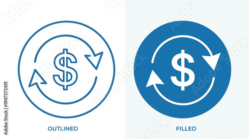 Outlined and filled dollar icons with circular arrows, symbolizing financial transactions, currency exchange, refund, transfer, economic circulation, monetary flow