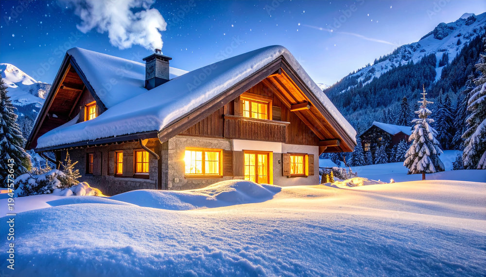 Fototapeta premium Cozy Winter Cabin in Snowy Mountain Landscape