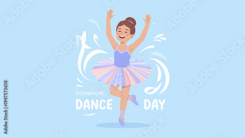 Ballerina dancing in pink tutu on light blue background with dance every day text