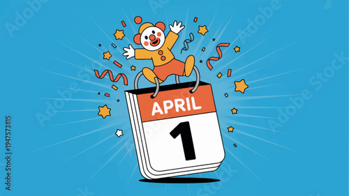 Happy cartoon character jumping on april 1 calendar page with confetti on blue background
