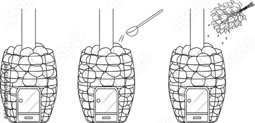 薪サウナに水をかけるロウリュのペン画イラスト
