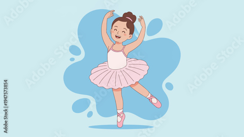 Little girl in pink ballet outfit dancing on light blue background with arms raised