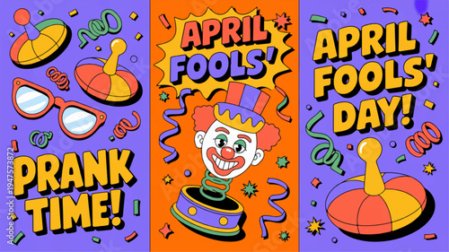 Colorful april fools' day prank banners with cartoon clown and party elements on purple and orange background
