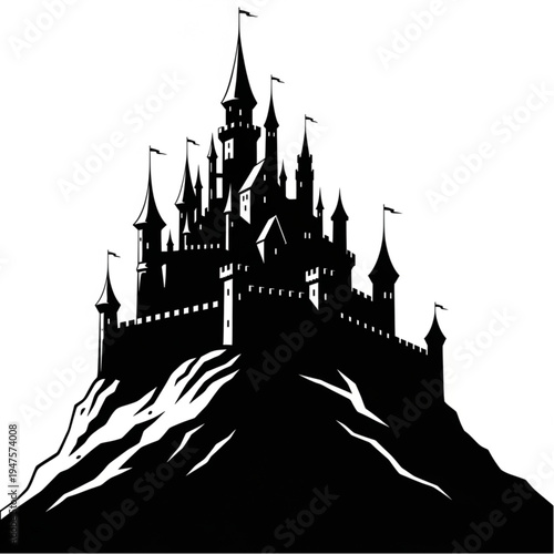 Black Silhouette Castle on Mountain Peak.