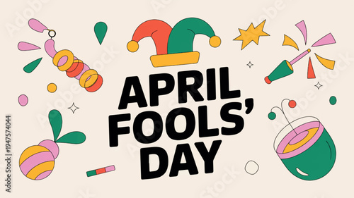 April fools' day celebration with colorful jester hat and party objects on beige background
