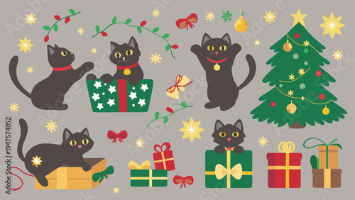 Black cats playing with christmas presents and tree on gray background with festive decorations