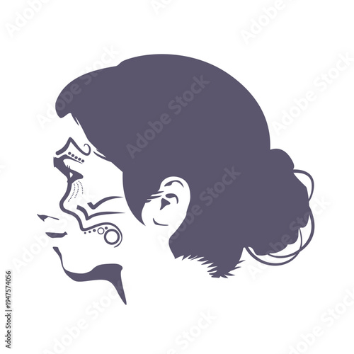 Young woman face side view in low key style. Elegant silhouette of a female head. Tribal style tattoo on face.