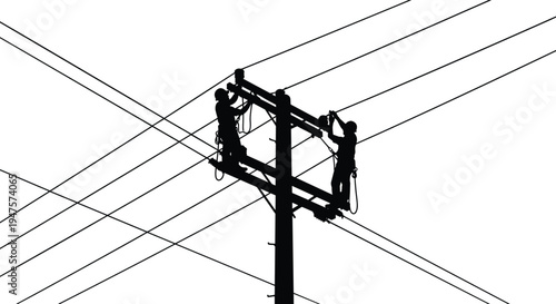 Silhouette of two linemen working on a utility pole with power lines electricity workers