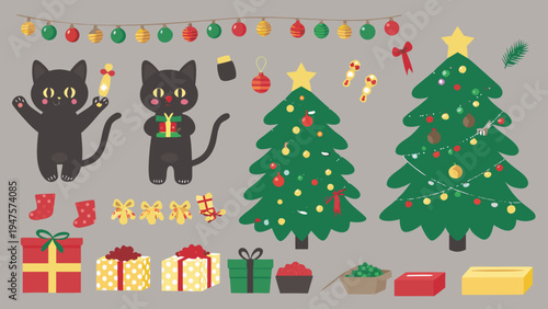 Two black cats decorating christmas trees with ornaments and presents on a festive holiday background