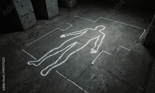 Chalk body outline drawn on a gritty concrete floor in an abandoned basement to evoke a crime scene mystery