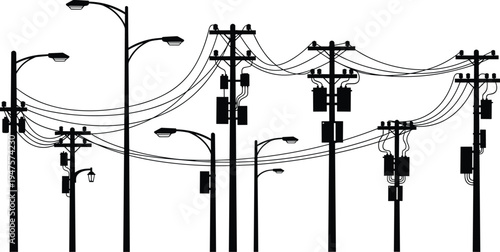 Street lights and utility poles with wires and transformers Keywords: street lights, utility poles, power lines, electricity