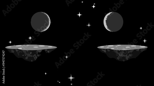 Floating rocky platforms with moons in space landscape