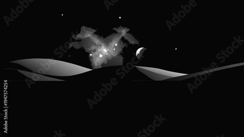 Surreal cosmic desert landscape with nebula and stars at night futuristic dreamlike scenery