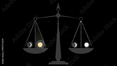 Cosmic balance scale with moon phases on black background symbolizing harmony and equilibrium in space