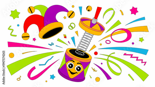 Colorful party popper and jester hat with confetti and ribbons on white background for celebration