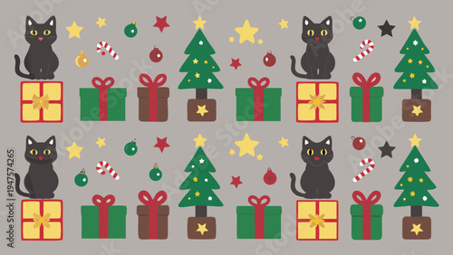 Cute black cats in holiday gift wrapping design with christmas trees presents and candy canes on gray background