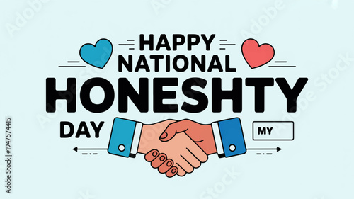 National honeshty day greeting with handshake and hearts on light blue background