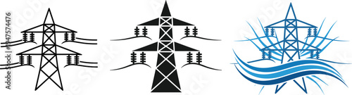 Three stylized electricity pylons in black, solid black, and blue abstract design power line transmission tower